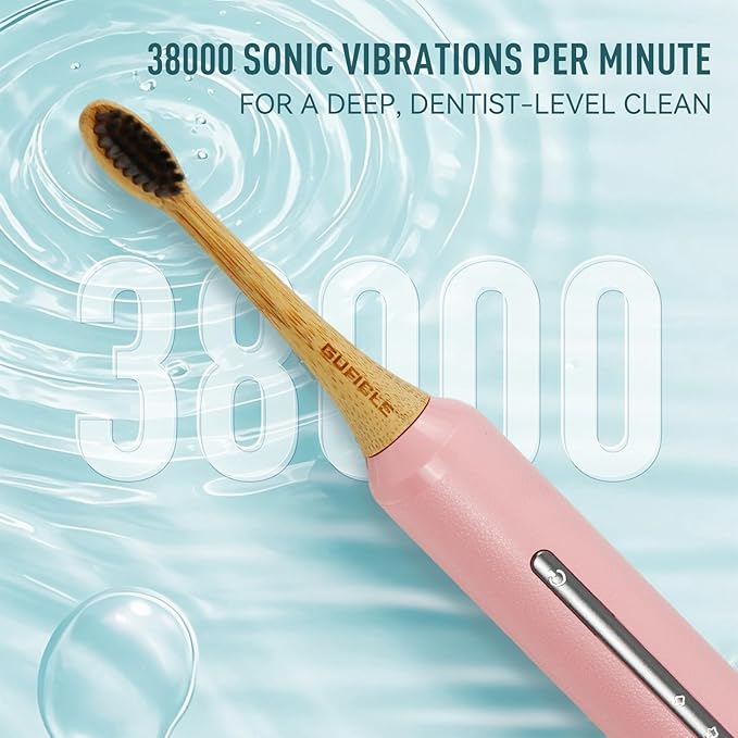 Bamboo Electric Toothbrush for Adults丨Rechargeable Electric Toothbrush with 3 Non Toxic Charcoal Infused Bamboo Brush Heads, 5 Cleaning Modes, 60 Days Battery Life, IPX7 Waterproof-White