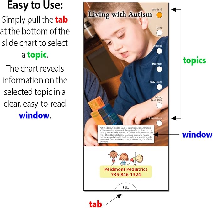 ZOCO - Living with Autism Slide Chart - Custom Promotional Item (Pack of 250) - Educational Guide for Caregivers, Brochure, Pamphlet - Doctor’s Office, Health Clinics Handout - 3.75 x 8.5 in.