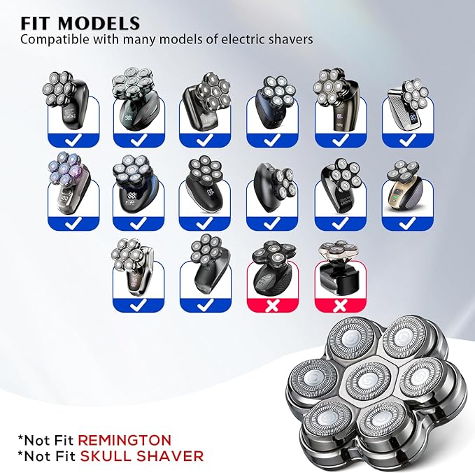 Universal Head Shaver Replacement Heads Magnetic 7 Blades Head Shavers Replacement Blades Compatible with Freebird Shaver & Other Brands (hmsilver7)