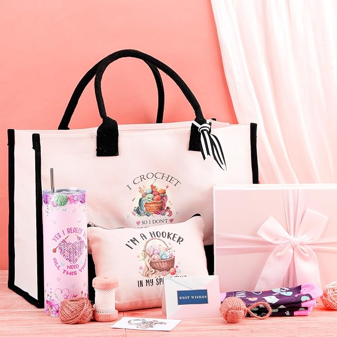 Geiserailie 8 Pcs Christmas Crochet Hobbyist Gifts for Women Including Large Tote Bag Cosmetic Bags Tumbler Cup Plush Socks Metal Keychain Card and Envelope for Crochet Hobbyist Thank You Gifts