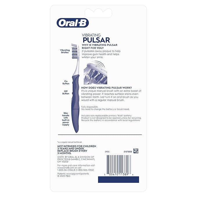 Oral-B Toothbrush, Vibrating Plaque Remover Pulsar, Vibrating Battery Toothbrush, Soft, 4 Count