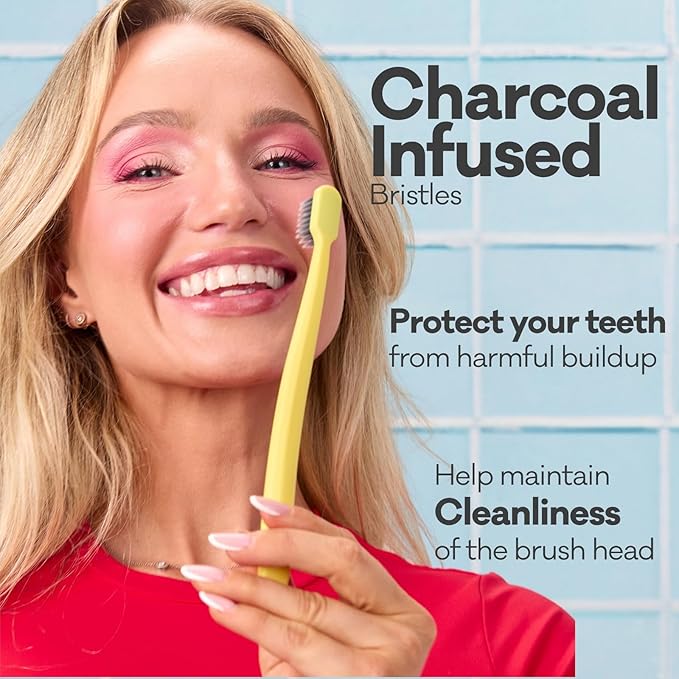 Grin Charcoal-Infused 100% Recycled Toothbrush, Soft, 4 Count (Pack of 2), Summer Beach, Suitable for Sensitive Teeth and Gums