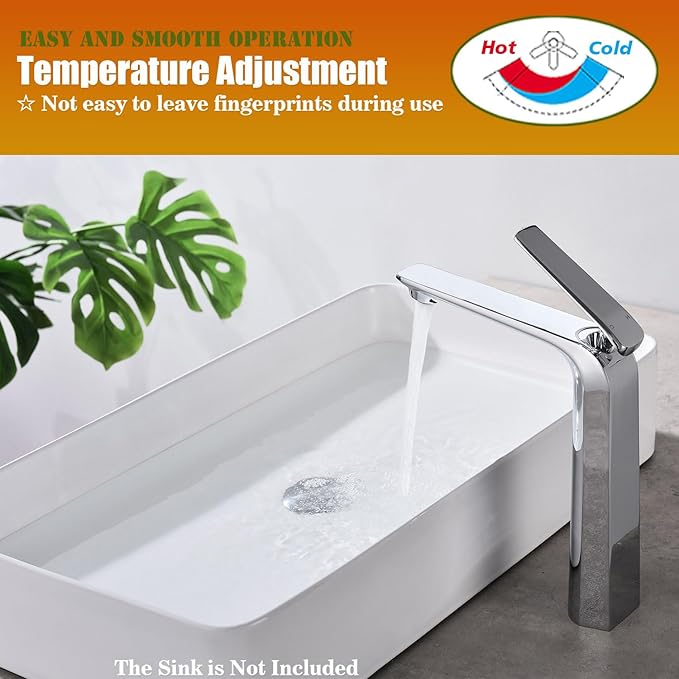 TOCALOCA Tall Vessel Bathroom Faucets Chrome Silver Basin Mixer Tap Single Handle1 Hole, Modern Vessel Sink Faucet Polished Chrome Basin Faucet Brass Single Lever Lavatory Faucet