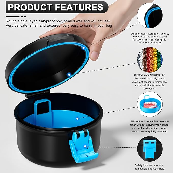 Denture Case, Leak Proof Denture Bath Cup for Travel, False Teeth Container for Soaking Dentures & Retainer, Retainer Cleaner Case, Black+Blue.