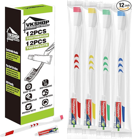 Disposable Toothbrush with Toothpaste, 12 Pack Individually Wrapped Travel Toothbrushes Set, Portable & Hygienic for Camping, Travel, Hotel, Flight, Party, Daily Use (White, 5g Toothpaste)