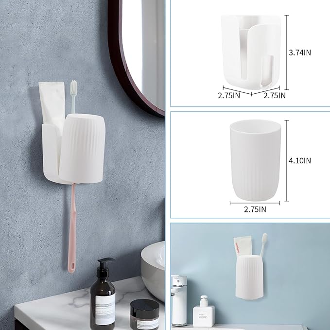 Toothbrush Holders for Bathrooms Toothbrush Holders Wall Mounted BPA-Free Tooth Brush Holder with Toothbrush Cup Drilling-Free (White)