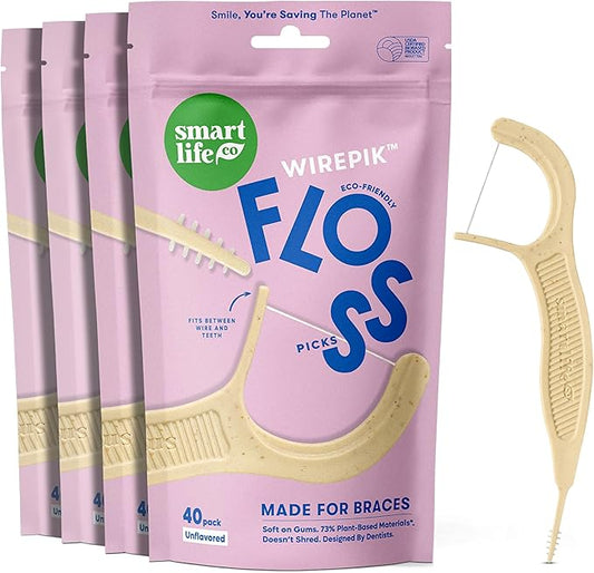 SmartLifeco Flossers for Braces - Eco-Friendly Orthodontic Floss Picks for Adults & Kids | Straw Wheat Blend | Superior Anti-Shred Thread | Ortho Interdental Toothpick End | Unflavored - 160 Pack