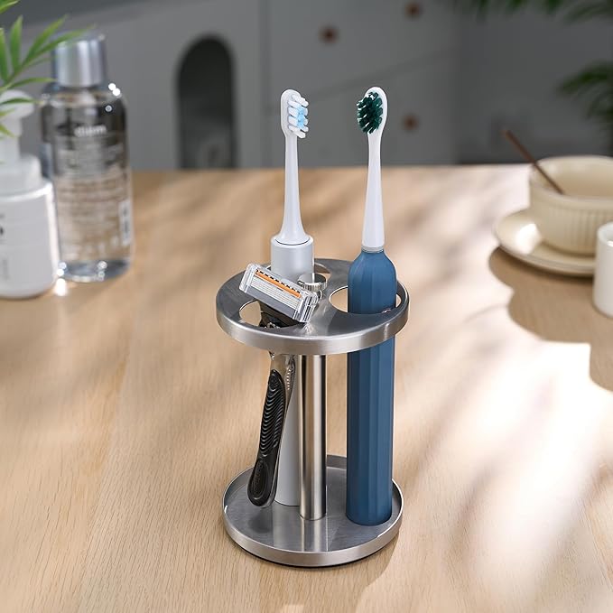 Electric Toothbrush Holder Stand for Bathroom: High-Grade 304 Stainless Steel Ventilated Organizer with Slots for Electric Toothbrushes & Razors, Brushed Silver