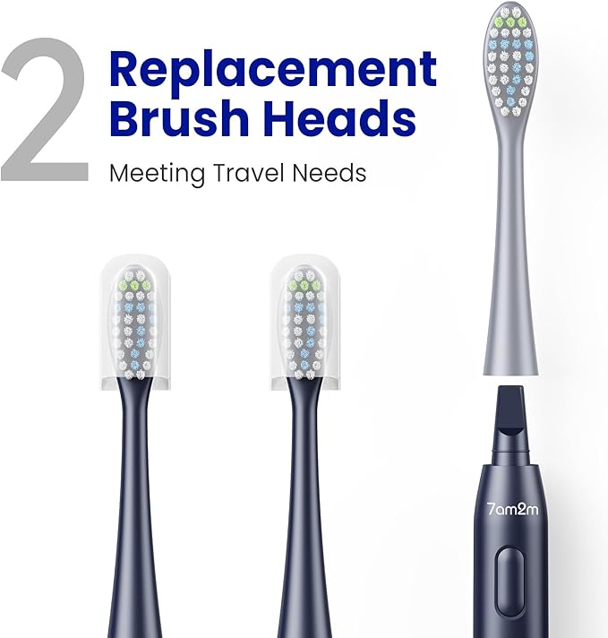 7AM2M Sonic Electric Toothbrush for Adults & Kids, with Travel Case&2 Brush Heads, 1 Charge for 90 Days, Type-C Rechargeable Sonic Toothbrush, Compact Design for Daily/Travel Use - Navy