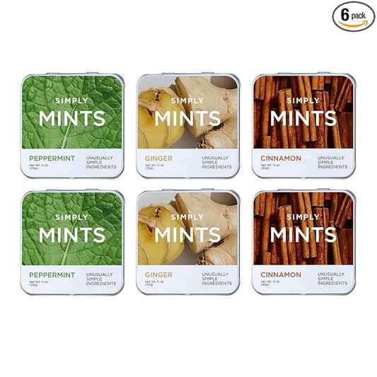 SIMPLY Mints | Variety Pack - Peppermint, Ginger, Cinnamon | Pack of Six (180 Pieces Total) | Breath Freshening + Aspartame-Free + Vegan + non-GMO