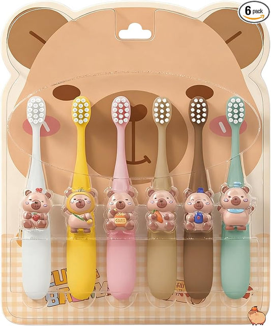 Capybara Kids Toothbrush 6-Pack - Soft Bristles with Suction Cup - Kids Toothbrush, Child-Sized Brush Heads, Easy-Storage Toothbrushes for Ages 3-12, Girls and Boys Set