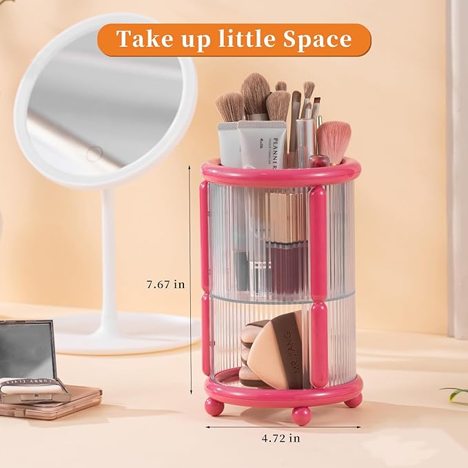Makeup Brush Holder, 2 Tier Clear Cosmetic Tools Organizer, Round Makeup Organizer for Vanity Countertop (Rose Red)