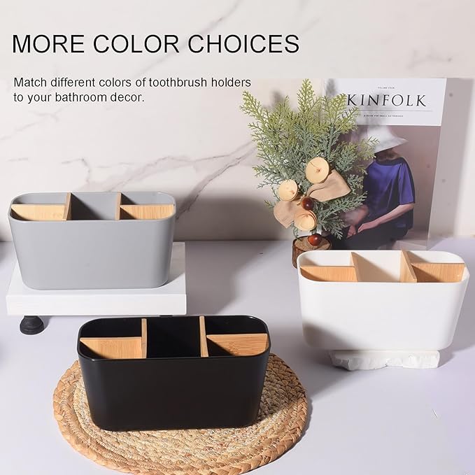 Toothbrush Holders for Bathrooms, Bamboo Tooth Brush Holder with 5 Slots Bathroom Vanity Organizer Countertop for Electric Toothbrushes, Toothpaste, Razors - Black