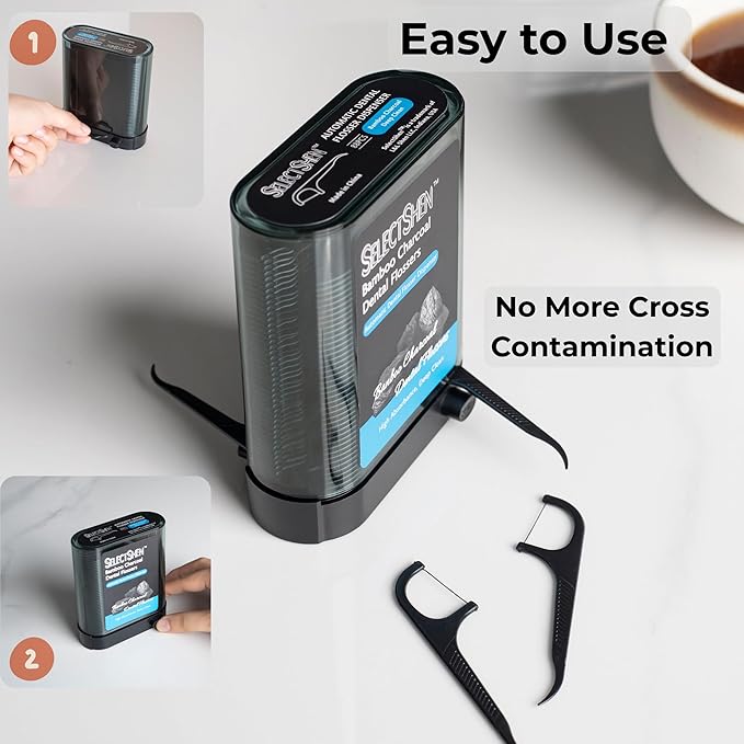 Dental Floss Picks, 288 Count (88 Flosser Dispenser + 200 Refills) – Bamboo Charcoal Floss, Refillable,Easy Travel Oral Care by SelectShen™