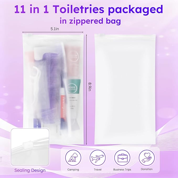 Travel Toiletries Personal Cleaning Bulk,Disposable Hygiene Kit Care Package Supplies, Women Toiletry Essentials Set Individually Wrapped for Camping, Hotel, Vacation, Homeless, Charity (11-in-1, 50)