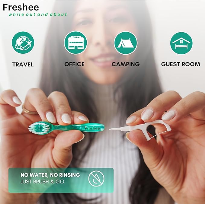 Freshee Bead -5 in 1 Disposable Mini Toothbrush with Toothpaste Bead + Floss + Pick + Tongue Scraper | Travel Size | Individually Wrapped | Soft | Extra Mint | Travel Set | Oral Care