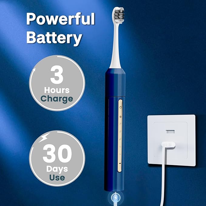 Lumivoid Sonic Electric Toothbrush for Adults & Kids - 10 Brush Heads, 30-Day Battery, 5 Modes, 2-Min Timer, IPX8 Waterproof, Rechargeable & Travel-Friendly (Blue)