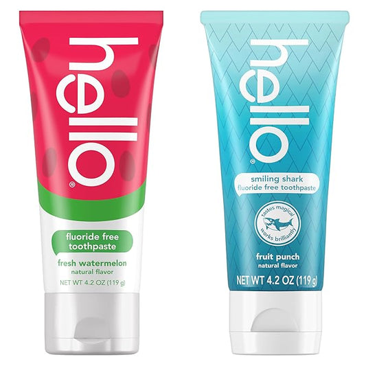 hello Smiling Shark and Fresh Watermelon Fluoride Free Kids Toothpaste Pack, Includes 4.2 oz Smiling Shark Kids and 4.2 oz Fresh Watermelon Toothpaste