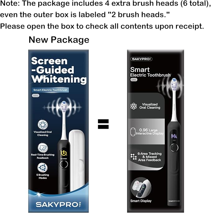 SAKYPRORAL Electric Toothbrush with AI Smart Screen for Adults Kids Teens | 6 Brush Heads | 150-Day Battery, Real-Time Brushing Map | 5 Whitening Modes, Travel Case | Sonic Toothbrush (Black)