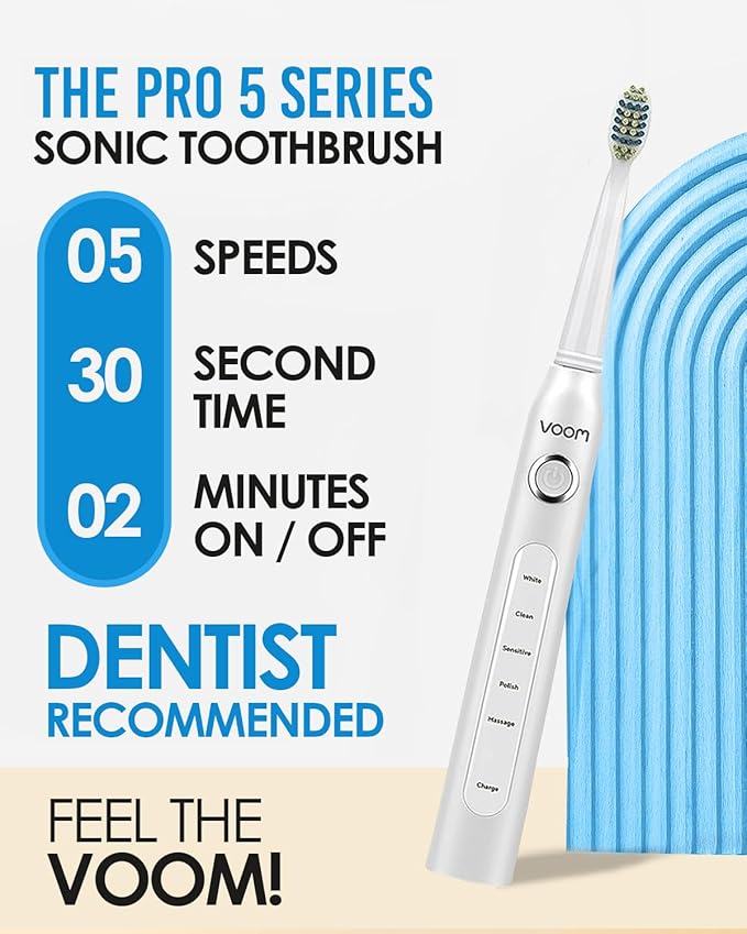 Voom Sonic Pro 5 Electric Toothbrush for Adults - Ultrasonic Electric Toothbrushes with Replacment Brush Head, Dentist Recommended Power Sonic Toothbrush with 5 Modes