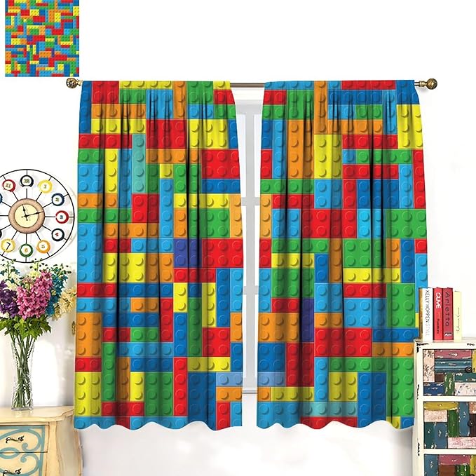 Colorful Building Block Toy Printed Curtains, Building Blocks, Curtains, Fun Brick 3D Design, Kids, Teens, Girls, Boys, Living Room, Bedroom, Window Treatment Panels, 2 Panels 55x63in