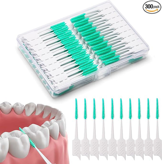 300 Pieces Interdental Brushes,Braces Brush with Silicone Head,Dental Tooth Flossing Toothpick Cleaners Tooth Tool, Green