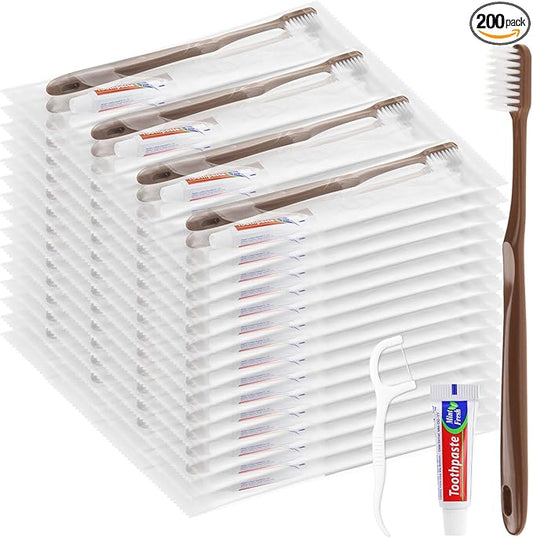 Disposable Toothbrushes with Toothpaste, Travel Toothbrush Kit, Individually Packaged, Brown, with Floss Picks, Suitable for Hotel, Home, Camping, Travel (200-PACK)