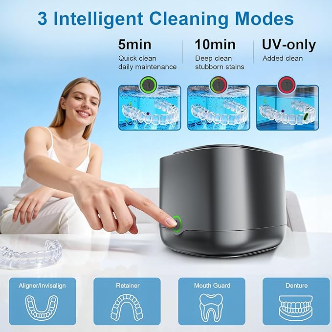 Ultrasonic Retainer Cleaner, 45kHz Retainer Cleaner Machine UV-C Dental Cleaning Pod Lights, 24W, 4000mAh, 200ml, for Denture, Night Guard, Mouth Guard, Aligner, Brace, Multiple