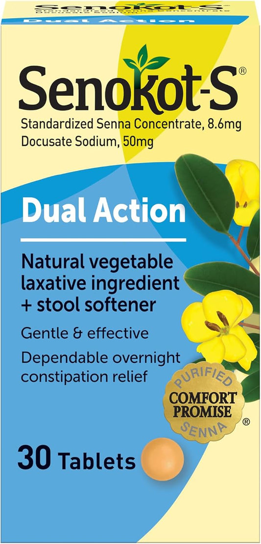 Senokot-S Dual Action 30 Tablets, Natural Vegetable Laxative Ingredient Plus Stool Softener Tablets, Gentle Dependable Overnight Relief of Occasional Constipation