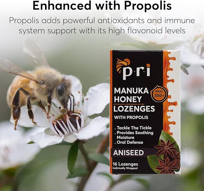 P.R.I Manuka Honey Lozenges with Propolis, Soothing Cough and Throat Drops, MGO 300+ Certified, (Original Aniseed, 16 Count/2 Pack)
