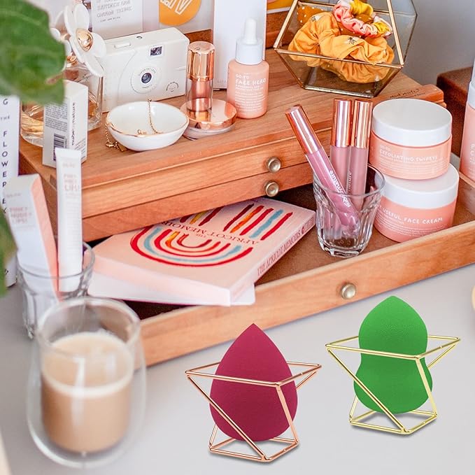 4 Pcs Makeup Sponge Holder Beauty Sponge Holder Blender Drying Rack Makeup Blender Travel Case Egg Powder Puff Display Stand for Dresser and Vanity (Gold & Rose Gold)
