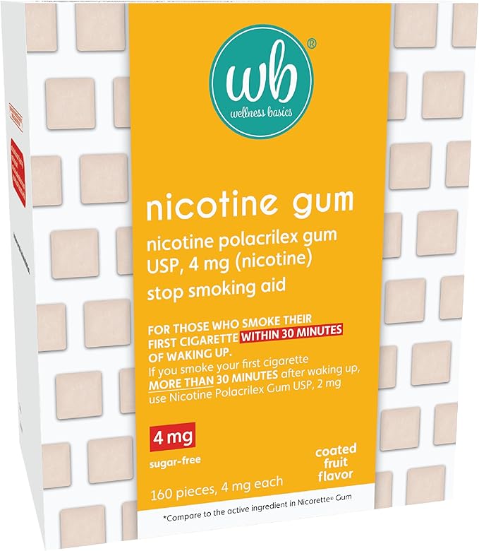Wellness Basics Nicotine Gum 4mg | Stop-Smoking Aid | Fruit Flavor | 160 Count | Reduces Cravings & Withdrawal Symptoms