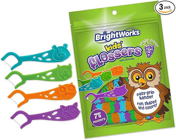 Kids’ Grape-Flavored Dental Flossers, Colorful Animals add Fun to Support Healthy Habits, Easy-Grip Handle and Fluoride-Coated Floss, Pack of 3 x 75 Pieces
