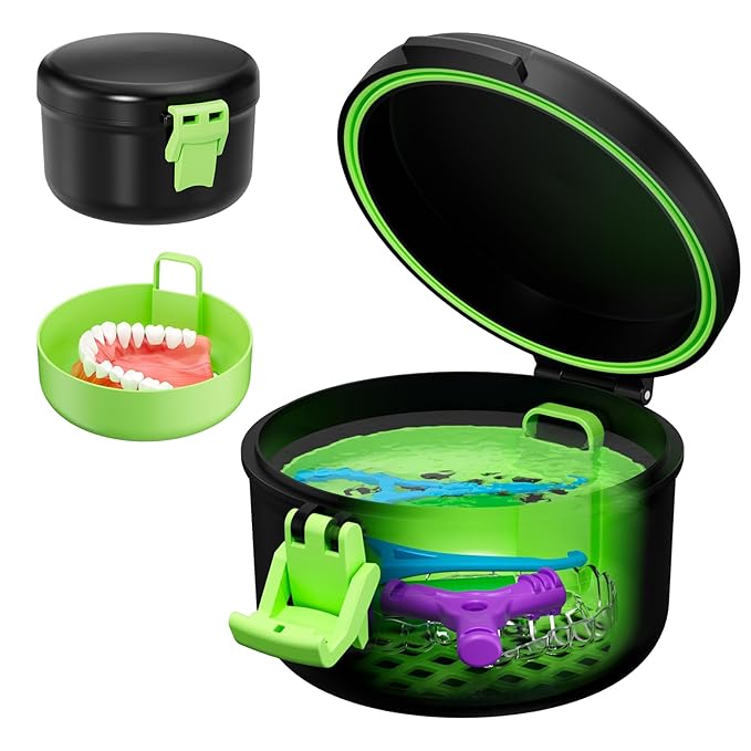 Denture Bath Cup, Leak Proof Denture Case for Travel, False Teeth Container for Soaking Dentures & Retainer, Retainer Cleaner Case, Black+Light Green.