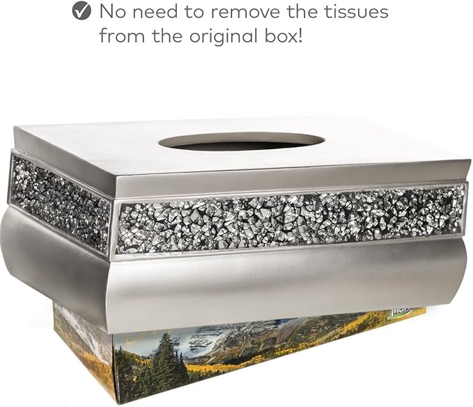 Crackled Glass Silver Tissue Box Cover Rectangular - Decorative Bling Tissue Box Holder with Beautiful Mosaic Glass - Elegant Tissue Holder for Bathroom with Durable Bottom Slider (Silver Collection)