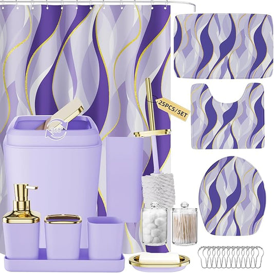 Bathroom Set - Purple and Gold Bathroom Accessories, Bathroom Sets with Shower Curtain and Rugs, Purple Shower Curtain Set with Bathroom Trash Can, Soap Dispenser, Soap Dish for Home Decor