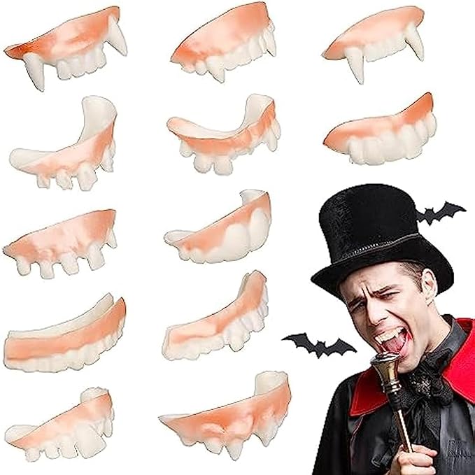 Genérico Vampire Teeth – Realistic Vampire Fangs, 12 Pieces Realistic and Washable Dentures for Horror Costume Parties Adults Children