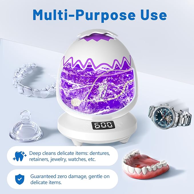 Ultrasonic Retainer Cleaner Machine for Dentures | 45kHz Dental Cleaning Pod for Aligner, Nightguard, Braces, Jewelry, Watch, 3 Timer Modes - with Cooling Fan & Removable Base Moonlight White