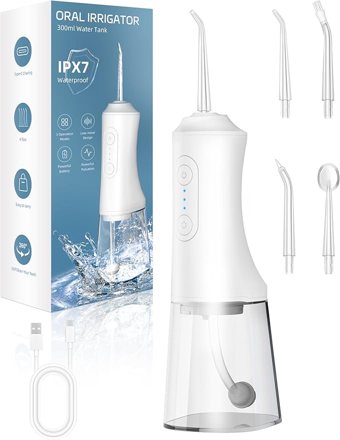 Water Dental Flosser - Portable Cordless Oral Irrigator 300ML, Rechargeable IPX7 Waterproof Irrigation Cleaner for Teeth Cleaning & Flossing, Travel & Home Use (Pearl White)