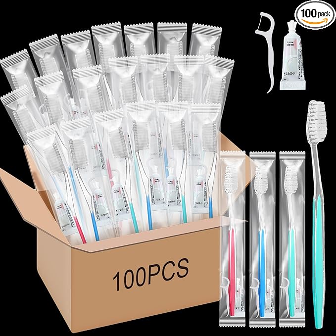 Maxcheck 100 Sets Disposable Toothbrushes Bulk with Toothpaste and Dental Floss Individually Wrapped Travel Toothbrush Set Homeless Supplies for Hotel Guest
