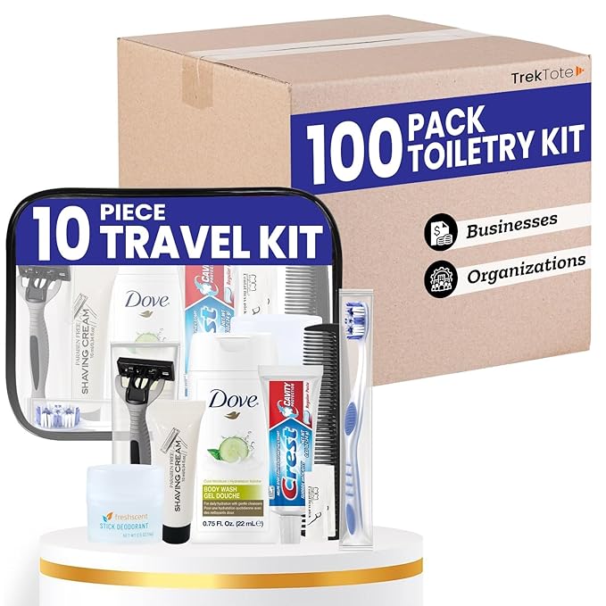 Trektote Bulk Hygiene Kit For Men And Women – (100 Pack) 10 Piece Set Of Travel Size Toiletries, TSA Compliant, Bulk Travel Essentials, Includes Shampoo And Conditioner, Body Wash, Toiletry Bag & More