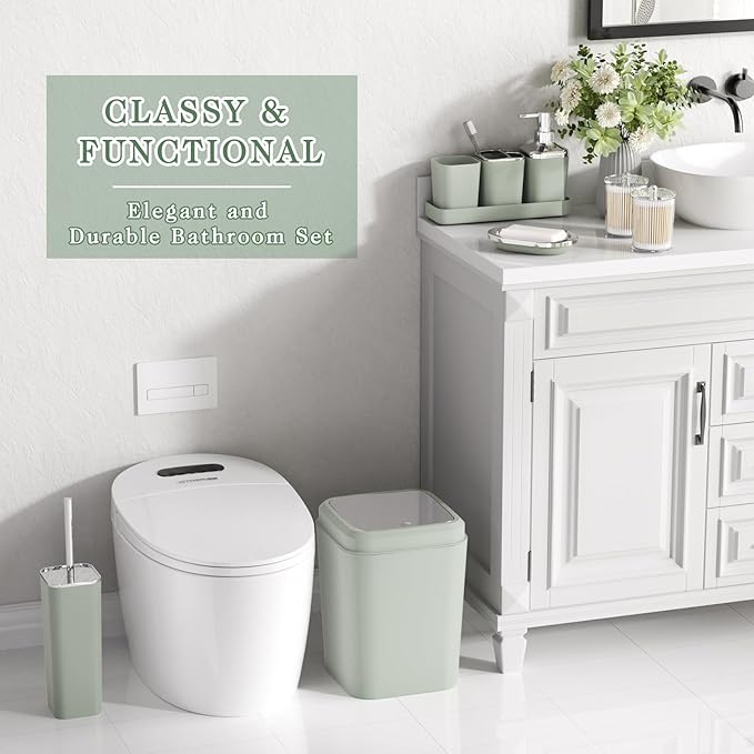 Sage Green Bathroom Set - 24PC Bathroom Sets with Shower Curtain and Rugs, Sage Green Bathroom Accessories Set with Press-on Lid Bathroom Trash Can, Soap Dispenser