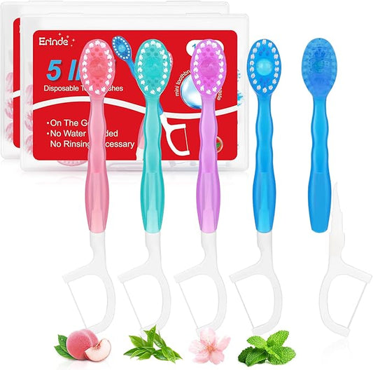 Erinde 5 in 1 Mini Disposable Toothbrushes with Toothpaste + Tongue Scraper + Picks + Floss Travel Case, Prepasted Travel Toothbrushes Pick for Work or Travel, Soft Brushes, 24 Count (Mixed Flavors)
