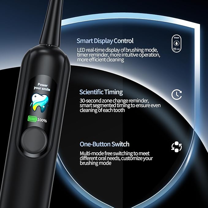Sonic Electric Toothbrush for Adults with LED Display - 38400 VPM Deep Clean, 6 Brush Heads & 45-Day Battery Life, IPX7 Waterproof, 4 Modes Rechargeable Toothbrush for Home/Travel