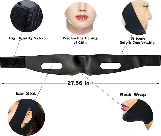 Post Surgical Silicone Chin Strap，Reusable Neck and Chin Lipo Compression Garment，Anti Snoring Chin Strap for Women & Men (Black 1PC)