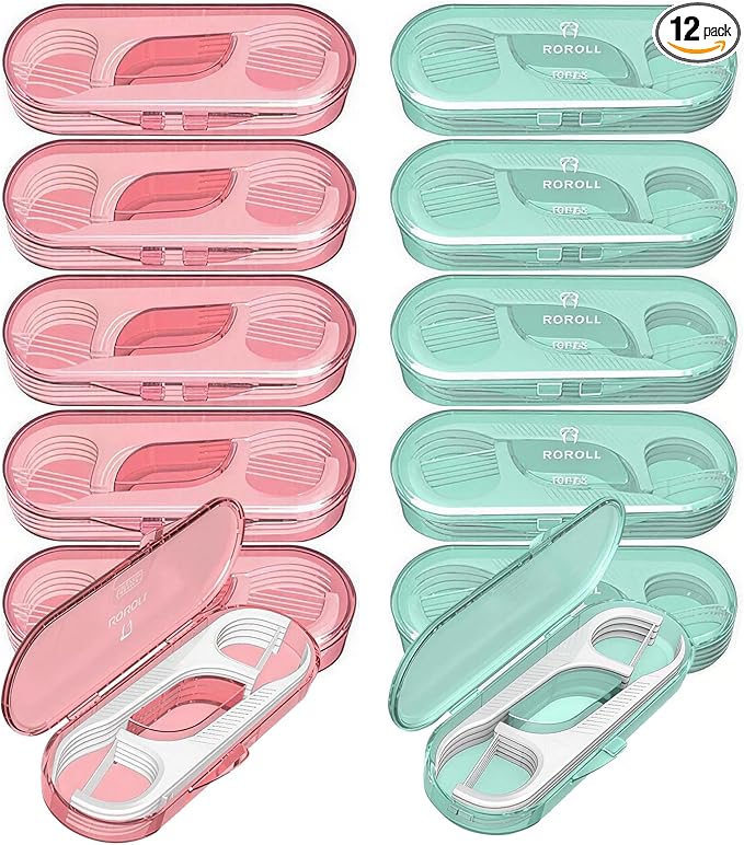 12 Pieces Holy Rose Travel Dental Floss Case-Micro Floss ToothPicks-Portable Flosser Picks Cases Contains Floss Stick 120 Count Sealed Storage for Teeth Cleaning (Green+Pink)
