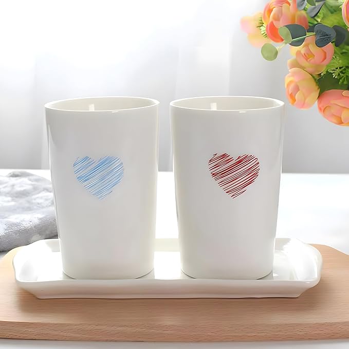 Kelake White Ceramic Tumbler Cup for Bathroom Toothpaste Toothbrush Holders Water Milk Drinks Cup 350 ml Bathroom Red Heart Couples Cup for Christmas Birthday