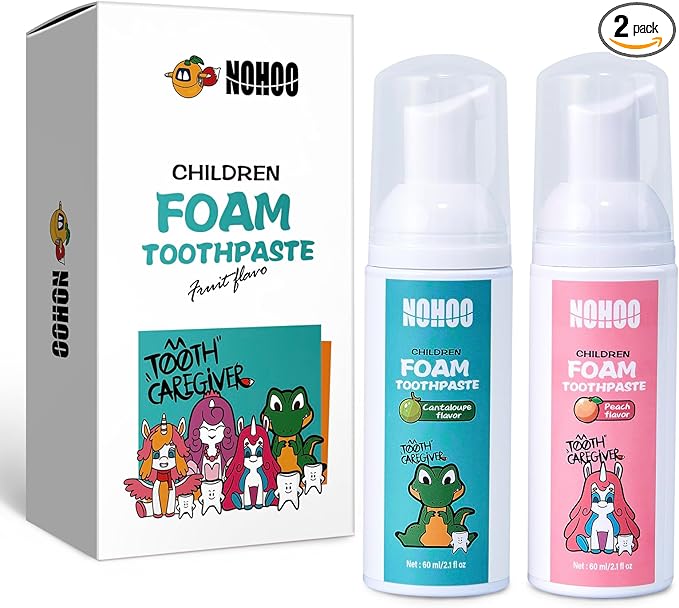 NOHOO Fluoride Free Foam Toothpaste Kids Fruit Flavour,Natural Training Toothpaste for Baby Toddler Children Oral Cleaning and Cavity Protection(Peach + Cantaloupe)