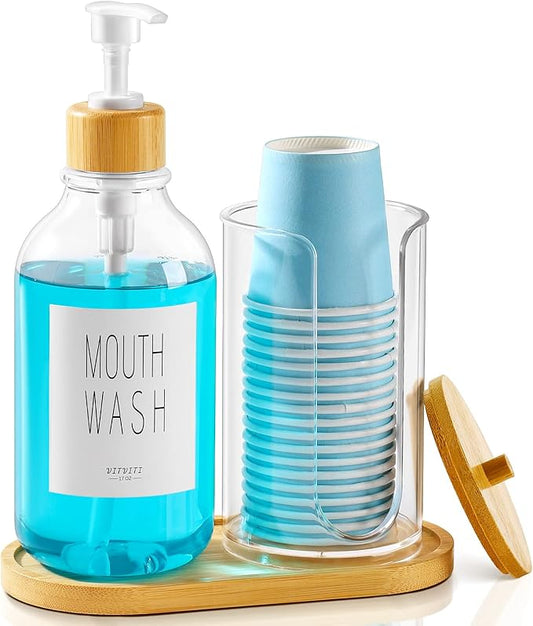 VITVITI Mouthwash Dispenser for Bathroom, Mouth Wash Pump Bottle with Paper Cup Holder, 17Oz Refillable Clear Mouthwash Container with Bamboo Lid/Tray/Label