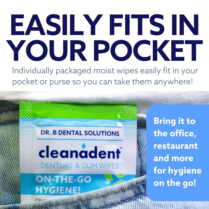 Dr. B Dental Solutions Cleanadent Wipes - Convenient Denture Cleaning Wipes, Refreshes Gums, No Artificial Colors/Flavors - 60 Count